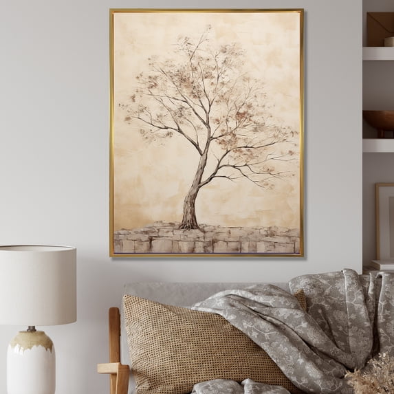 Designart "Minimalist Beige African Tree II" Tree African Floater Framed Canvas Art Print
