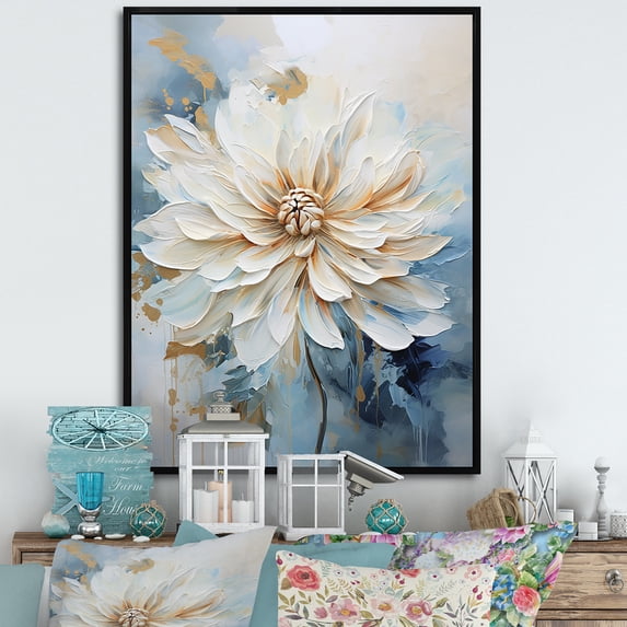 Designart "Minimalist Beige And Blue Dahlia I" Dahlia Floater Framed Canvas Wall Art