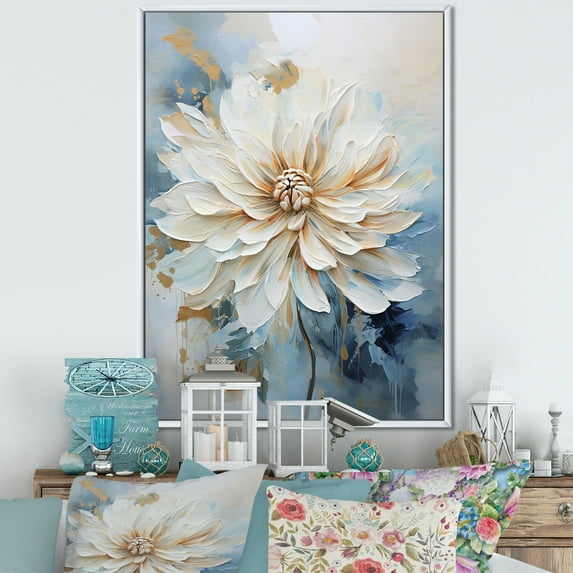 Designart "Minimalist Beige And Blue Dahlia I" Dahlia Floater Framed Canvas Wall Art