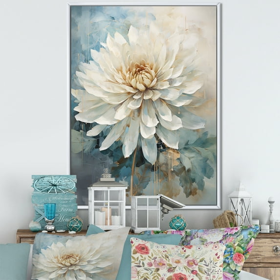 Designart "Minimalist Beige And Blue Dahlia III" Dahlia Floater Framed Canvas Art Print
