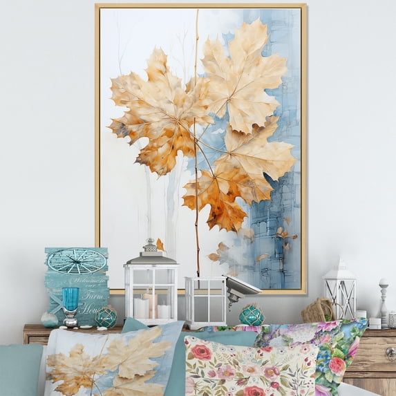 Designart "Minimalist Beige And Blue Maple Leaf" Tree Maple Floater Framed Canvas Wall Art