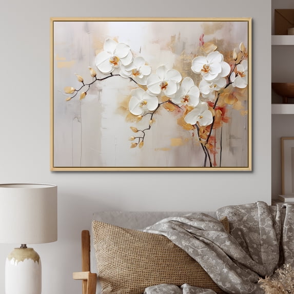 Designart "Minimalist Beige And Gold Orchids II" Orchids Floater Framed Wall Decor