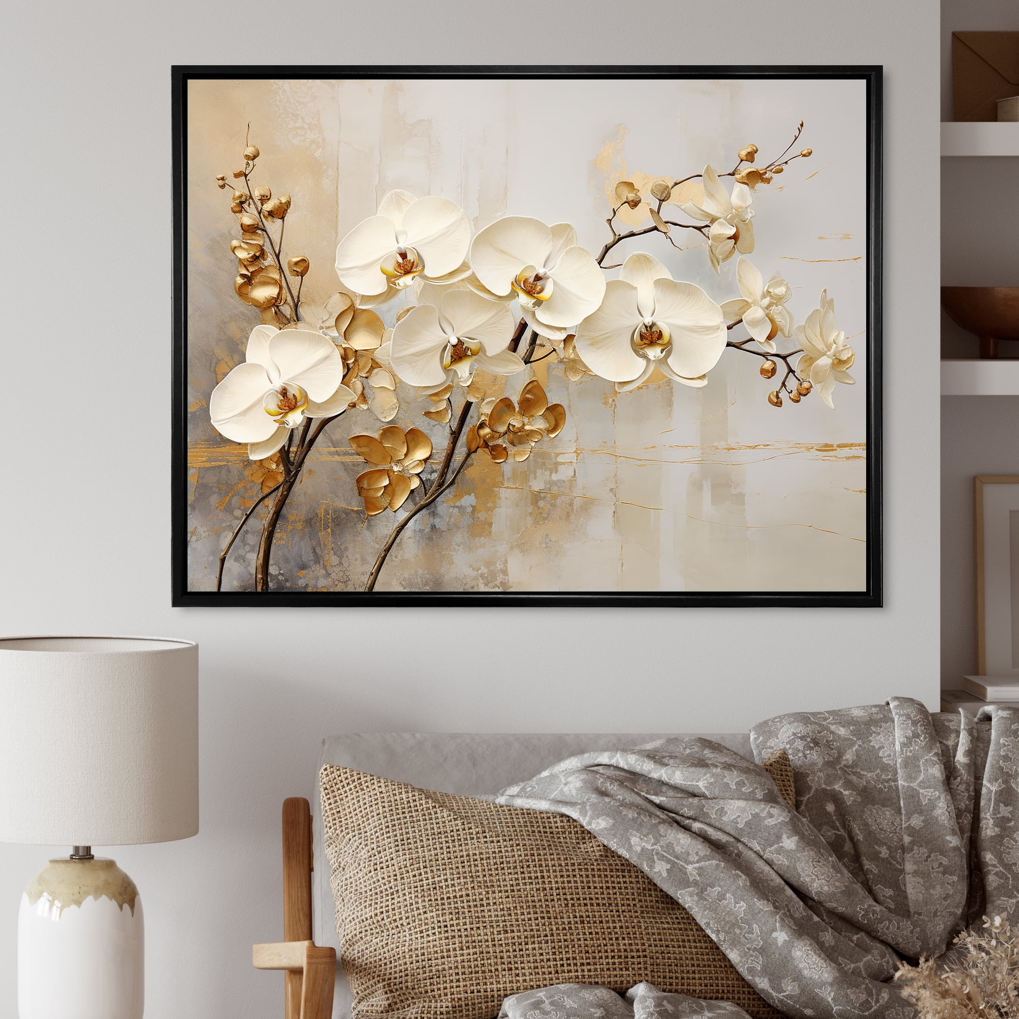 Minimalist Beige and Gold Orchids Canvas Print with Black Frame