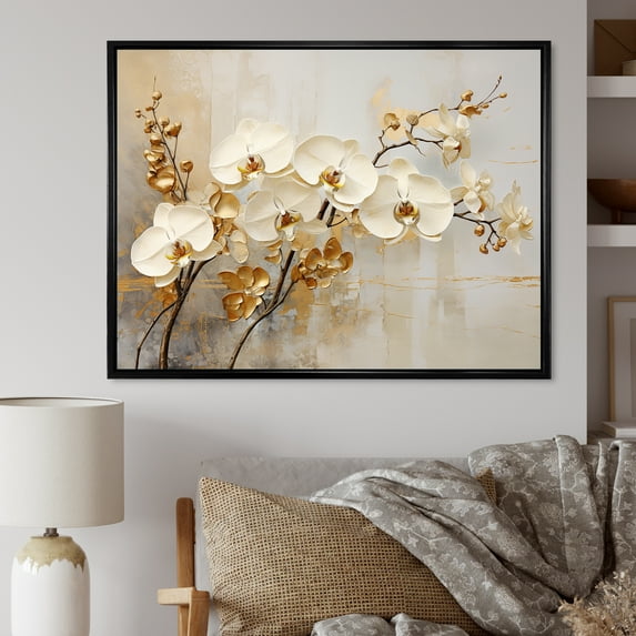 Designart "Minimalist Beige And Gold Orchids" Orchids Floater Framed Wall Decor
