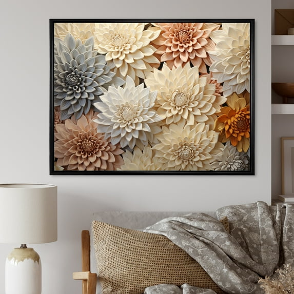 Designart "Minimalist Beige And White Mums Painting I" Mums Floater Framed Canvas Wall Art