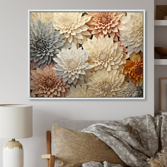 Designart "Minimalist Beige And White Mums Painting I" Mums Floater Framed Canvas Wall Art