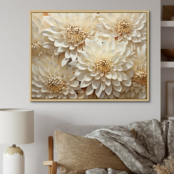 Designart "Minimalist Beige And White Mums Painting" Mums Floater Framed Canvas Wall Art