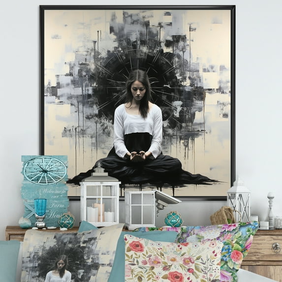 Designart "Minimalist Black And White Yoga Meditation Art" Yoga Floater Framed Wall Art Prints