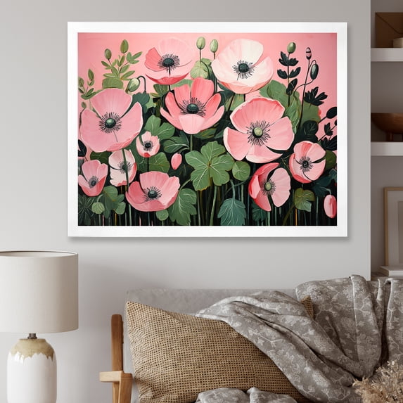 Designart "Minimalist Bloom Pink and Green Poppies" Floral Framed Wall Art Decor - Traditional Pink Poppies Hallway Framed Wall Art Decor