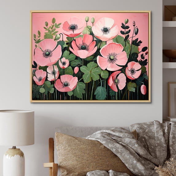 Designart "Minimalist Bloom Pink and Green Poppies" Floral Framed Wall Art - Traditional Pink Poppies Bedroom Framed Canvas Wall Art