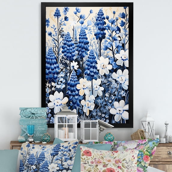 Designart "Minimalist Blue And White Bonnets I" Blue Bonnets Picture Framed Canvas Prints