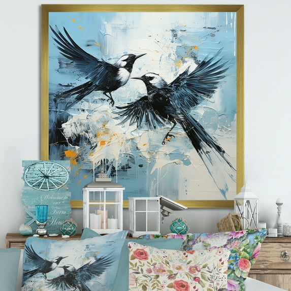 Designart "Minimalist Blue Bird With White Blossoms III" Birds Of Paradise Picture Framed Canvas Art Print