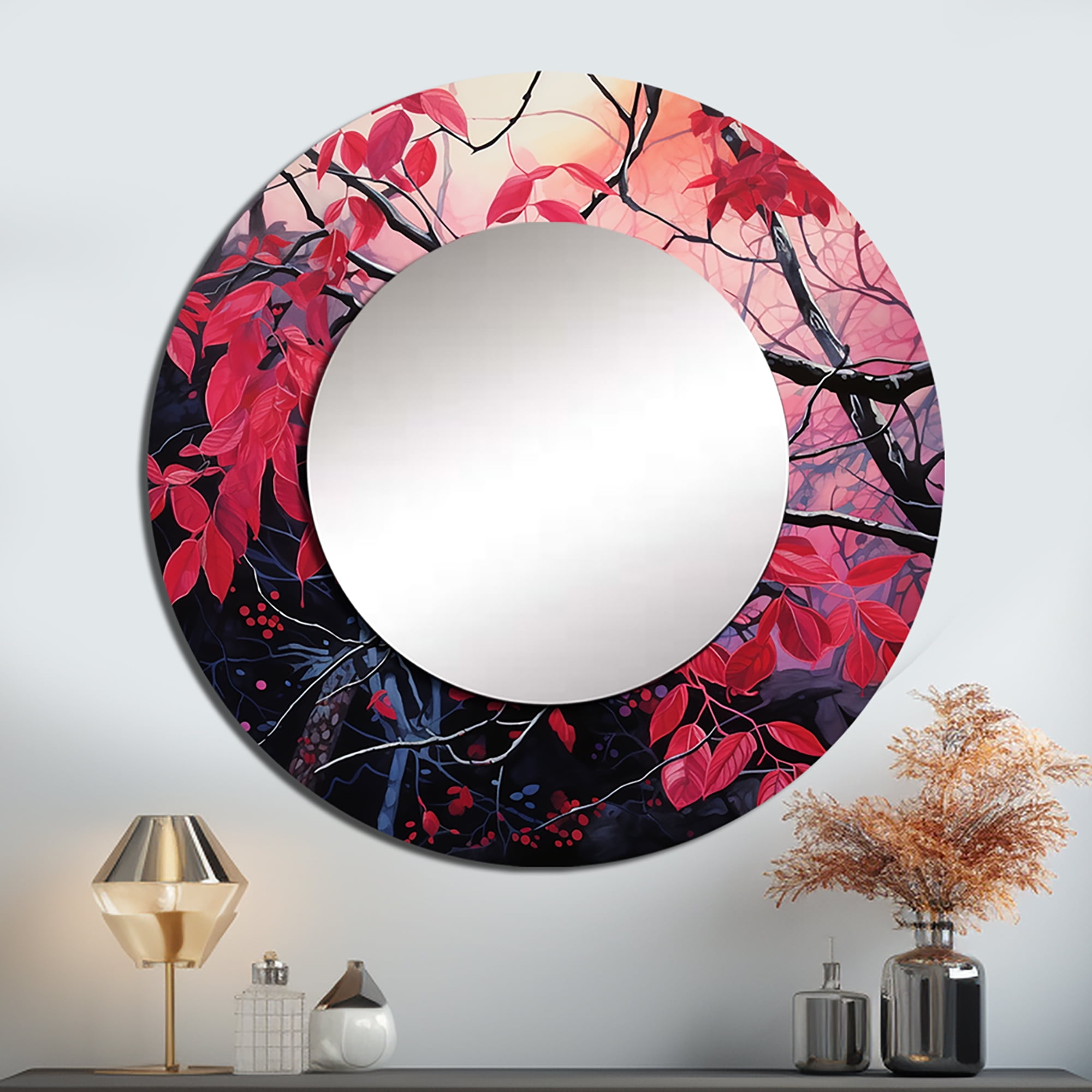 Designart "Minimalist Botanical Leaves in Red and Black I" Leaves Round ...