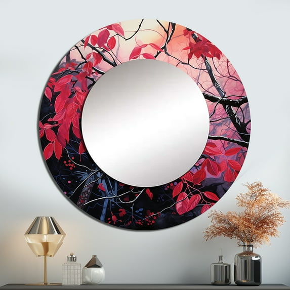 Designart "Minimalist Botanical Leaves in Red and Black I" Leaves Round Mirror Wall Decor Traditional - Large Red Round Bathroom Mirror - Round Mirror - 36" x 36"