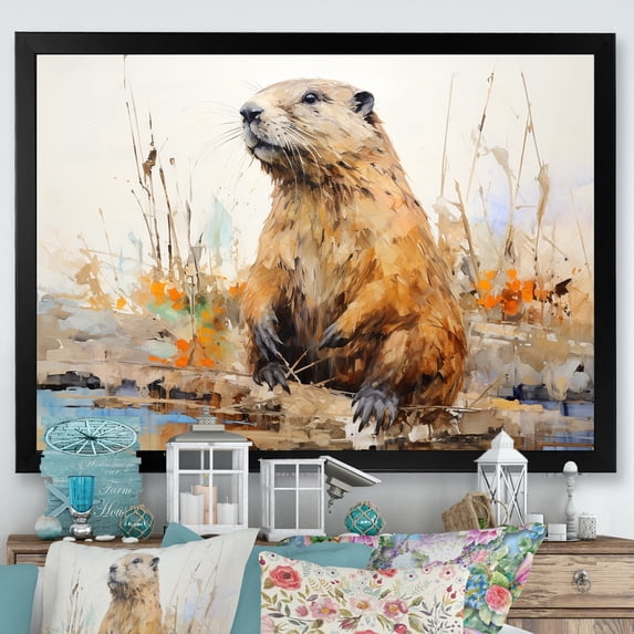 Designart "Minimalist Brown Beaver Depiction" Animals Beaver Picture Framed Canvas Art Print