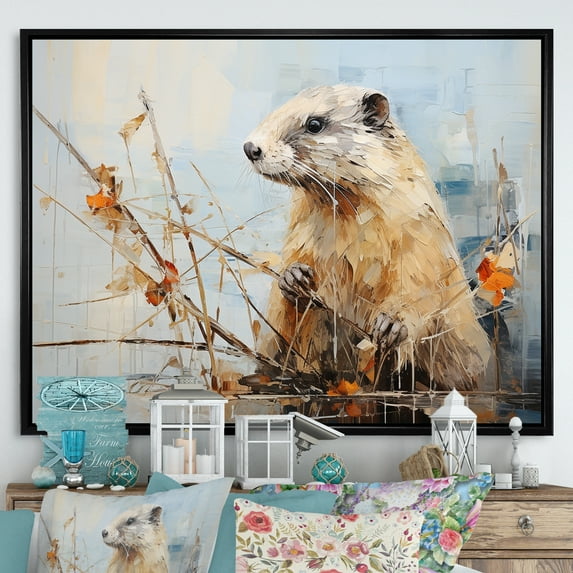 Designart "Minimalist Brown Beaver Depiction I" Animals Beaver Floater Framed Wall Art Prints
