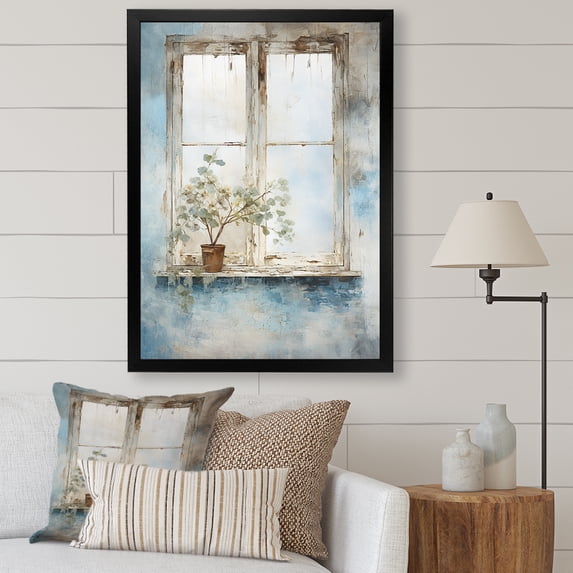 Designart "Minimalist Charm of Floral Windows in Blue and White II" Farm Framed Wall Art - Country White Farm Windows Bedroom Framed Canvas Wall Art
