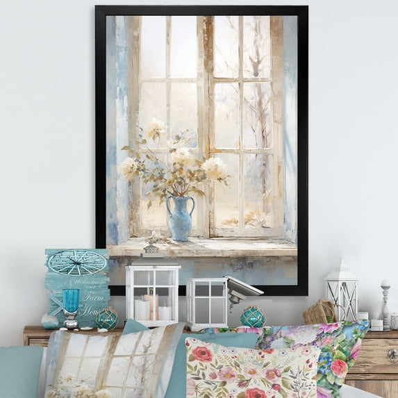 Designart "Minimalist Charm of Floral Windows in Blue and White III" Farm Framed Wall Art - Country White Farm Windows Entryway Framed Wall Art Print