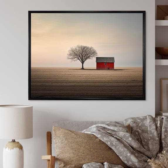 Designart "Minimalist Country Charm Of The Red Barn II" Barn Floater Framed Wall Art Prints