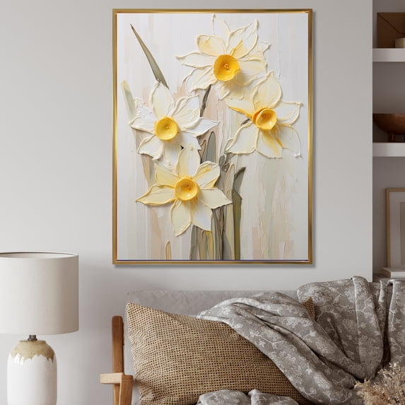Designart "Minimalist Cream Daffodils" Daffodils Floater Framed Wall Art Prints
