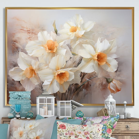 Designart "Minimalist Daffodils In White And Orange" Daffodils Floater Framed Canvas Art Print
