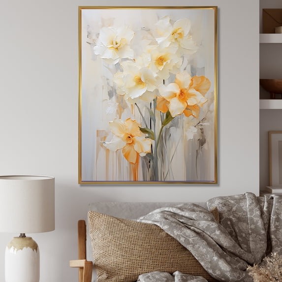 Designart "Minimalist Daffodils In White And Orange I" Daffodils Floater Framed Wall Art Prints