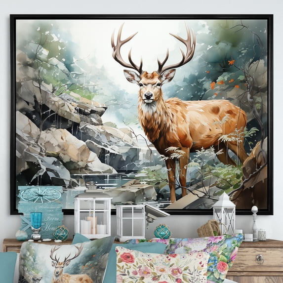 Designart "Minimalist Deer Landscape" Animals Deer Floater Framed Canvas Prints
