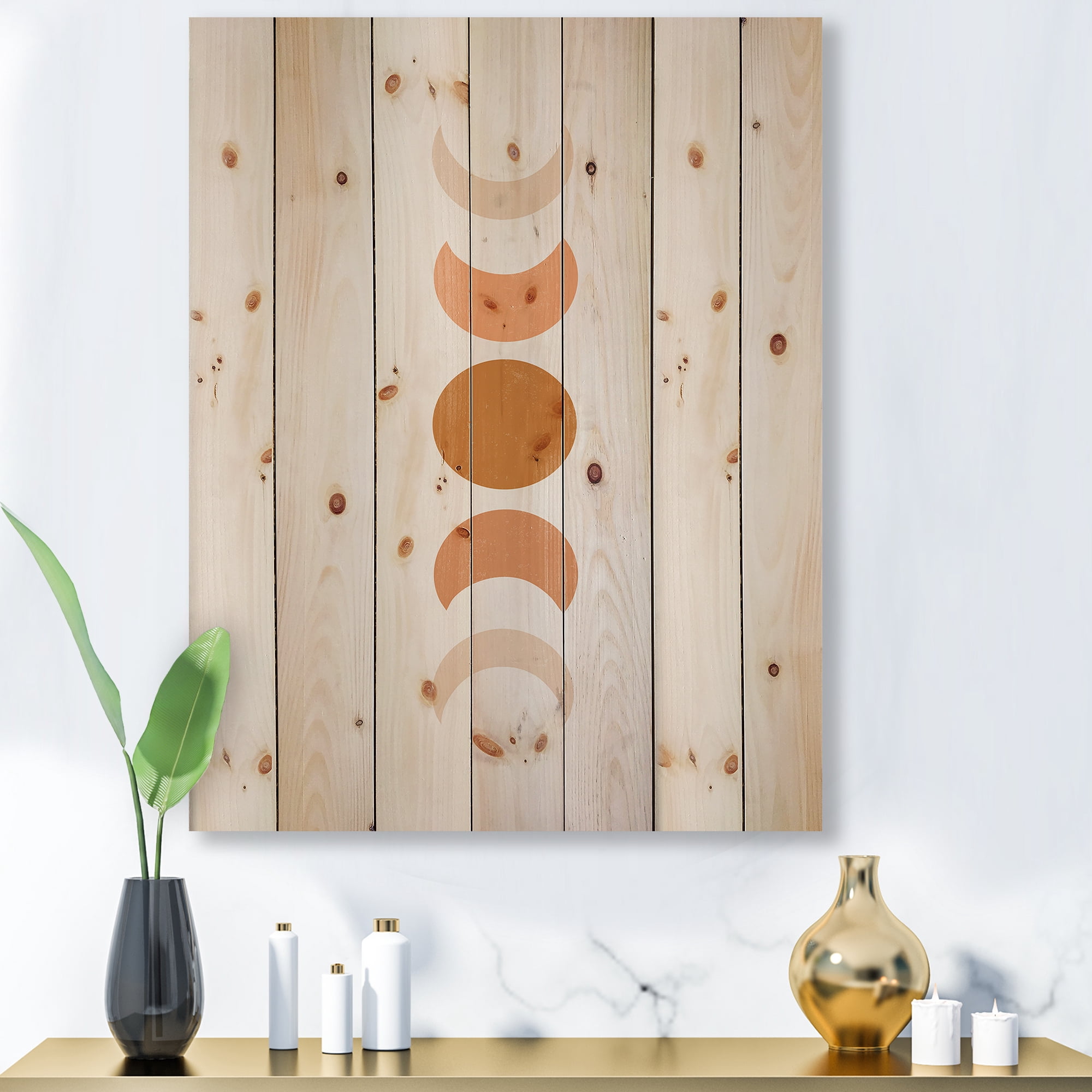 Designart 'Minimalist Different Moon Phases' Modern Print on Natural Pine Wood