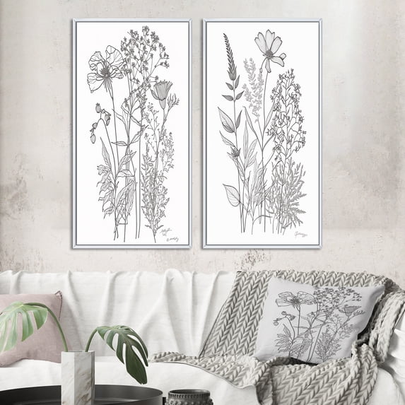 Designart "Minimalist Drawing Wildflowers on White IV" Wildflowers Framed Wall Art Set Of 2 - Traditional White Framed Canvas Set For Living Room Decor