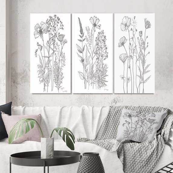 Designart "Minimalist Drawing Wildflowers on White IV" Wildflowers Wall Art Set Of 3 - Traditional White Gallery Set For Office Decor