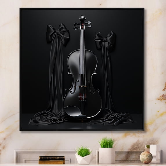 Designart "Minimalist Ebony Violin III" Food & Beverage Framed Wall Art - Black Fruits Bedroom Framed Canvas Wall Art