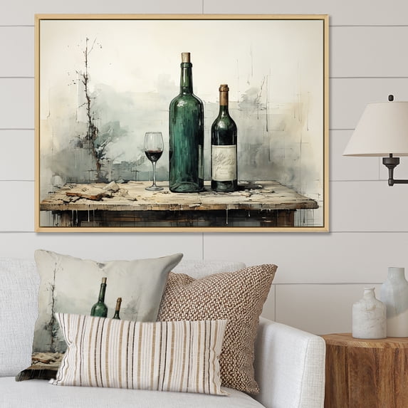 Designart "Minimalist Elegance Silhouetted Wine Bottles IV" Food & Beverage Framed Wall Art - Traditional Green Wine Hallway Framed Wall Art Decor