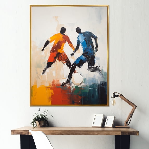 Designart "Minimalist Encounter in Grey Soccer II" Sports Framed Wall Art - Modern Blue Soccer Hallway Framed Wall Art Decor