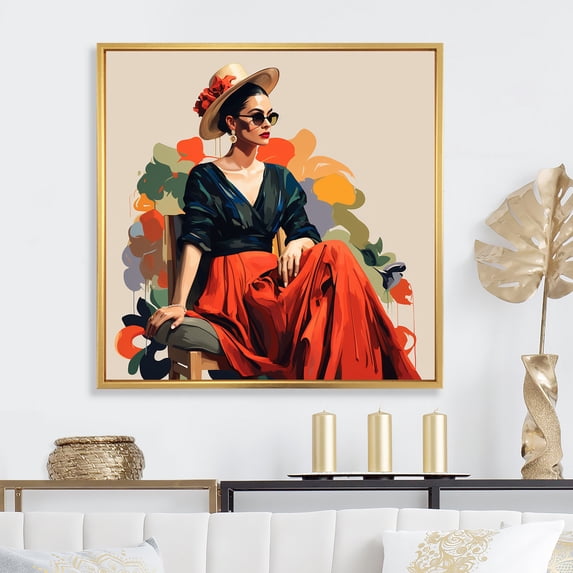 Designart "Minimalist Fashion Portrait Frida's Essence IV" Fashion Framed Wall Art - Glam Red Woman Mexican Entryway Framed Wall Art