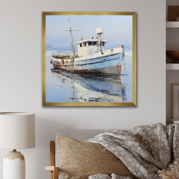 Designart "Minimalist Fishing Boat in White Nautical Theme" People Framed Wall Art Decor - Farmhouse White Nursery Teddy Bear Hallway Framed Wall Art Decor