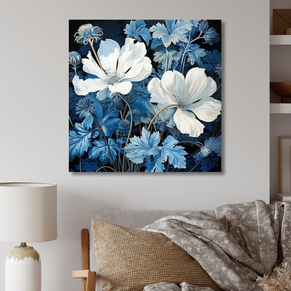 Designart "Minimalist Flowers: Blue And White Geraniums I" Geraniums Canvas Prints