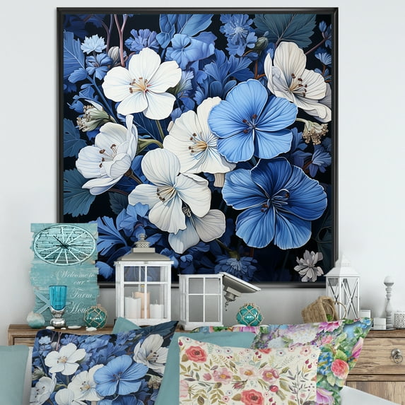 Designart "Minimalist Flowers: Blue And White Geraniums III" Geraniums Floater Framed Canvas Art Print