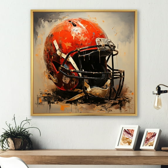 Designart "Minimalist Football Helmet in Red I" Sports Framed Wall Art - Traditional Red Sport Football Hallway Framed Wall Art Decor