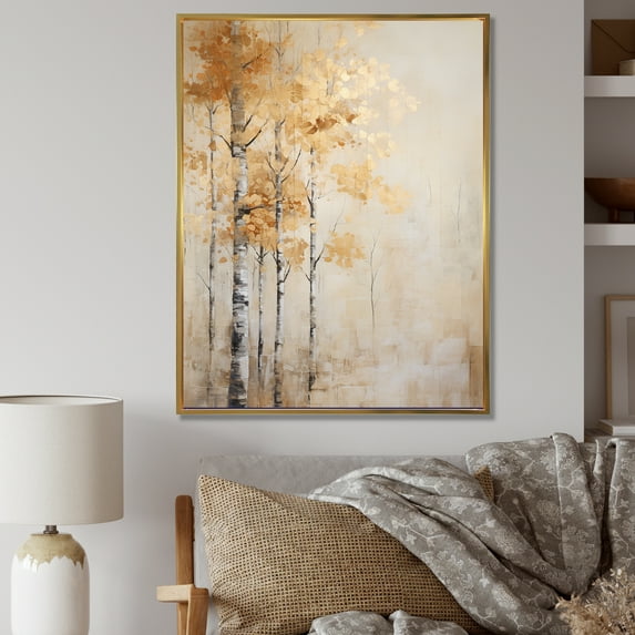 Designart "Minimalist Forest In Beige And Gold I" Forest Floater Framed Wall Decor