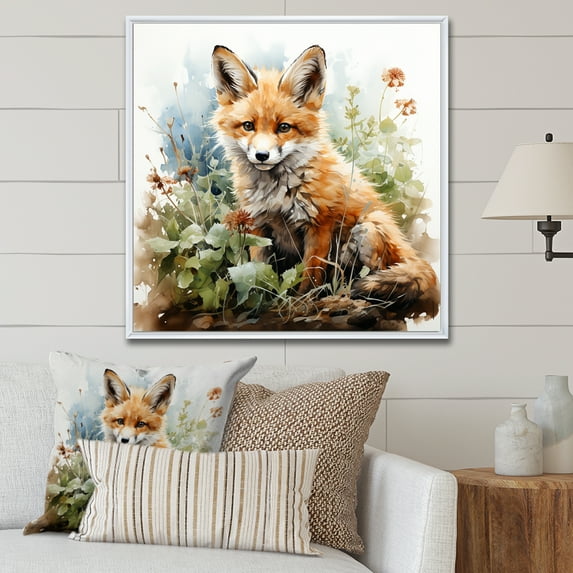 Designart "Minimalist Fox with Blooming Portrait I" Animals Framed Wall Art - Traditional Green Fox Entryway Framed Wall Art Print
