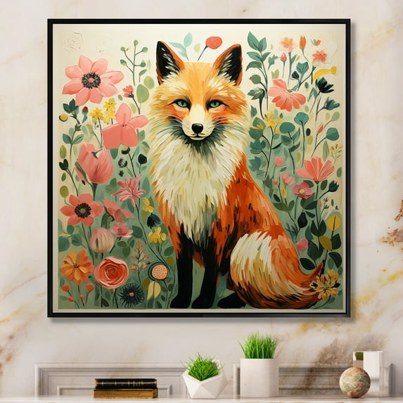Designart "Minimalist Fox with Blooming Portrait III" Animals Framed Wall Art - Traditional Green Fox Living Room Framed Canvas Art