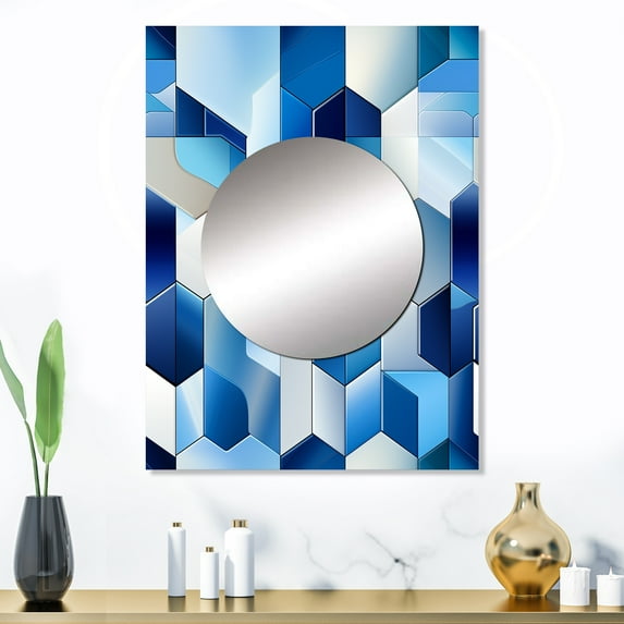 Designart "Minimalist Geometric Polygons in White and Blue III" Geometric Mirror Wall Decor - Modern Blue Geometric Living Room Wall Mirror Art - 32" x 24" Inch