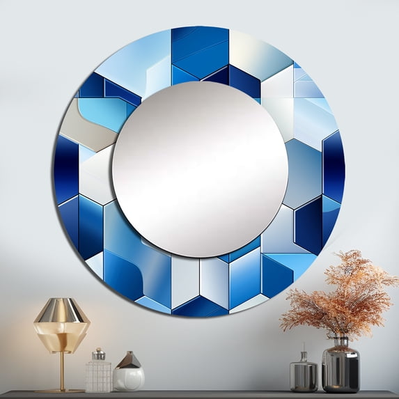 Designart "Minimalist Geometric Polygons in White and Blue III" Geometric Blue Large Round Mirror - Round Bedroom Mirror Wall Decor - Modern Round Printed Mirror - 23" x 23"