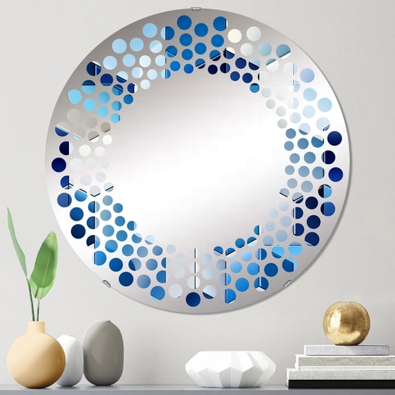 Designart "Minimalist Geometric Polygons in White and Blue III" Geometric Polka Dot Round Wall Mirror - Oval Printed Decorative Mirror - Multiple Color Options