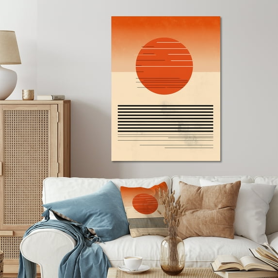 Designart "Minimalist Geometric Sunset in Bold Orange I" Modern Geometric Metal Art Living Room
