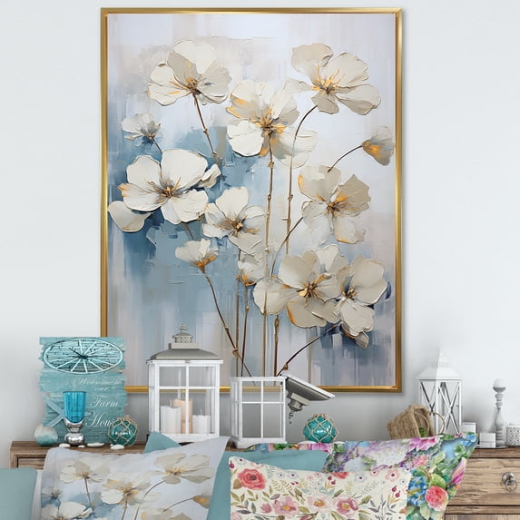 Designart "Minimalist Geraniums Flowers In White And Blue I" Geraniums Floater Framed Canvas Art Print