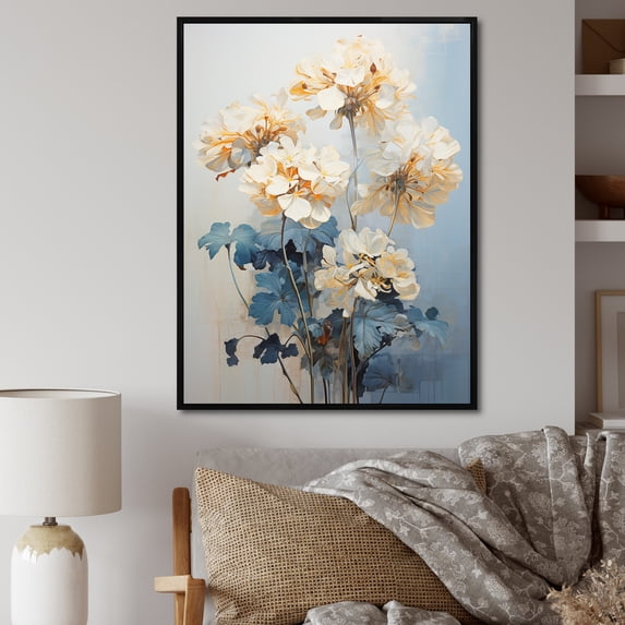 Designart "Minimalist Geraniums Flowers In White And Blue II" Geraniums Floater Framed Wall Art Prints