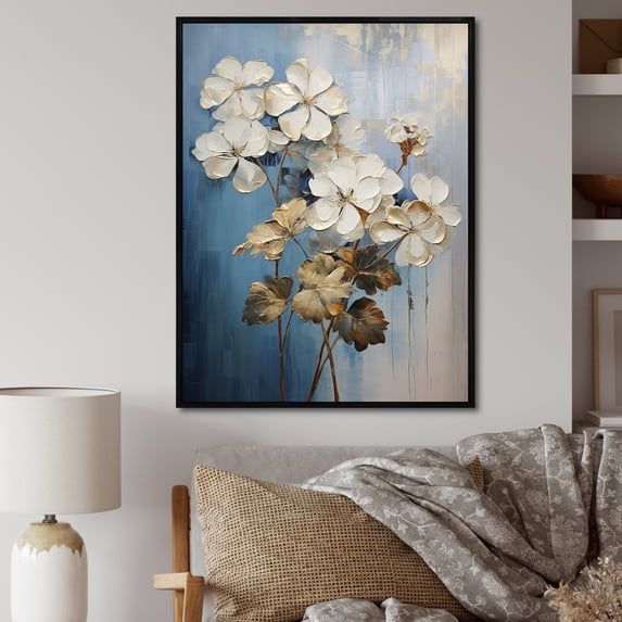 Designart "Minimalist Geraniums In Blue And White" Geraniums Floater Framed Canvas Prints
