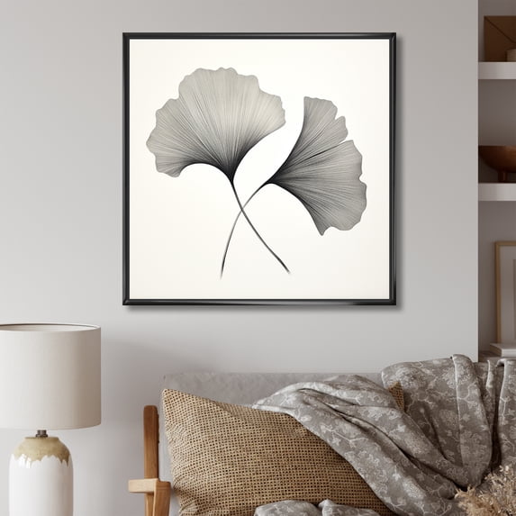 Designart "Minimalist Ginkgo Leaves In Grey And White I" Leaves Floater Framed Wall Decor