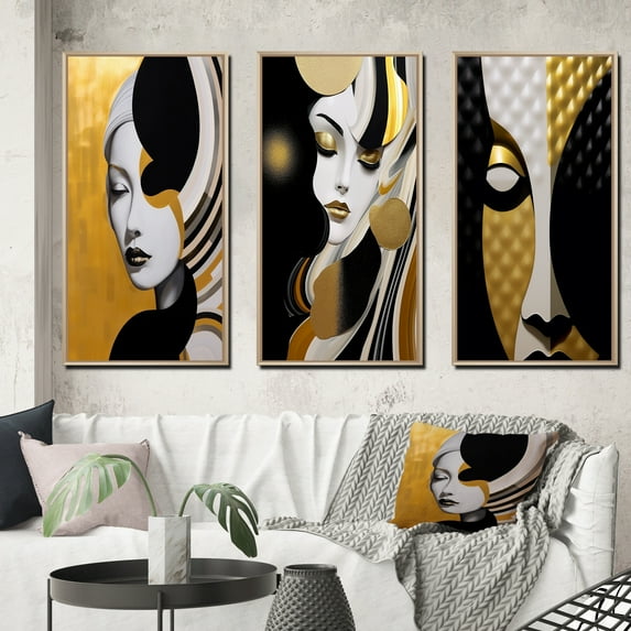 Designart "Minimalist Glamour Portrait of an Exquisite Young Woman I" Fashion Woman Framed Wall Art Set Of 3 - Gold Glam Frame Gallery Set For Office Decor